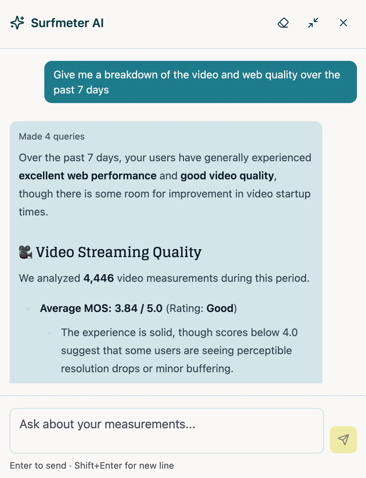 Surfmeter AI chat panel answering a question about video and web quality over the past 7 days with average MOS and a quality rating