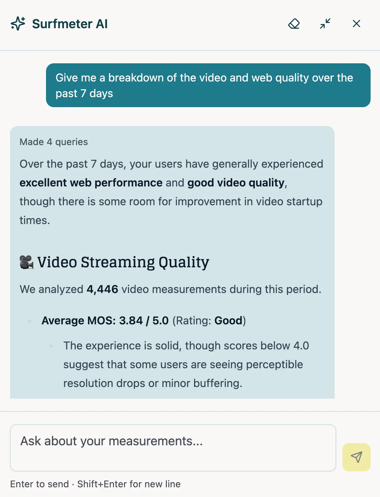 AI assistant panel in the Surfmeter Dashboard answering a question about measurement results