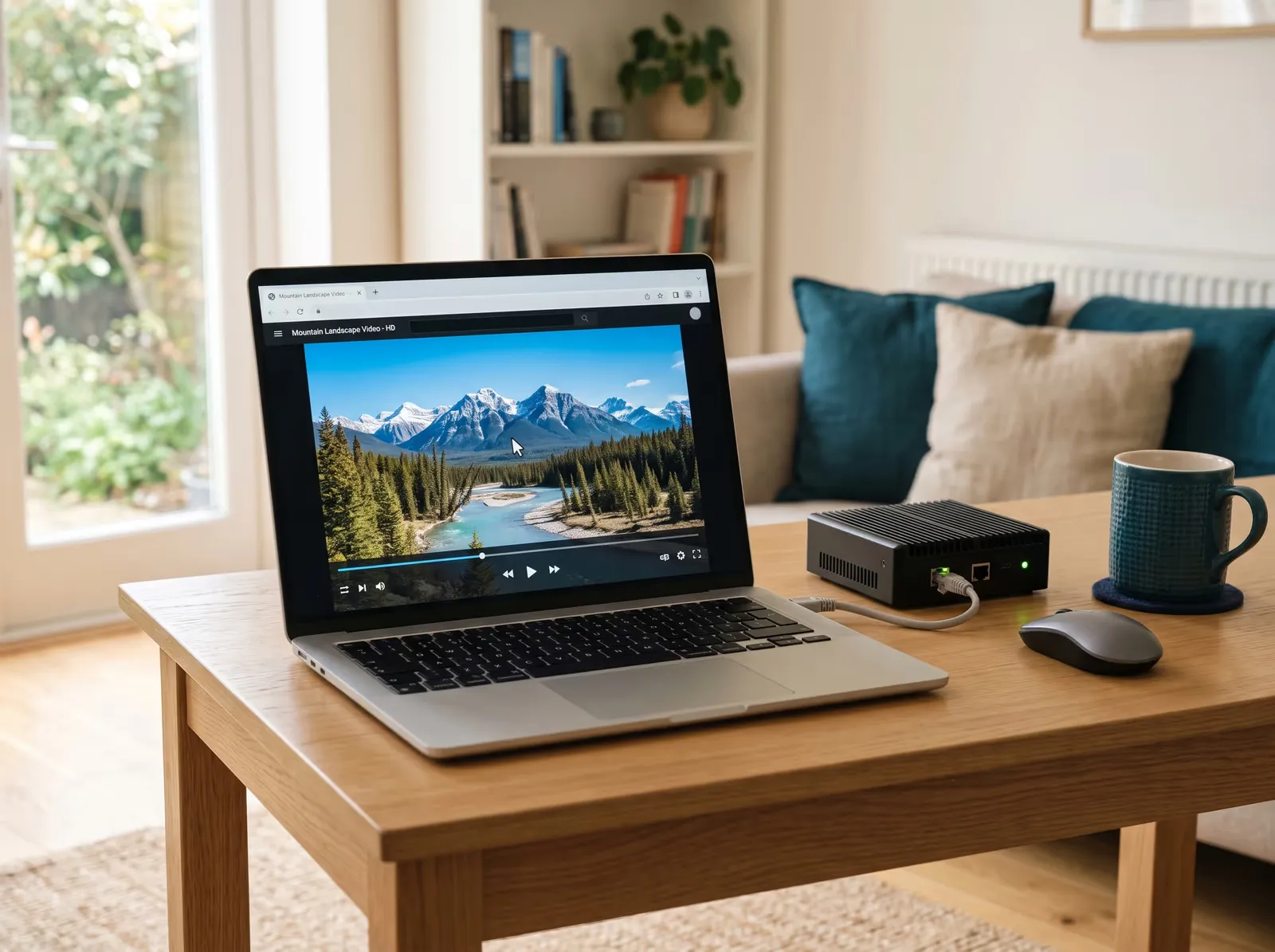 Laptop playing a video in a browser next to a small measurement probe, with nobody at the desk