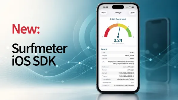 An iPhone showing a Surfmeter AVPlayer and Netflix quality test result against an AVEQ teal background