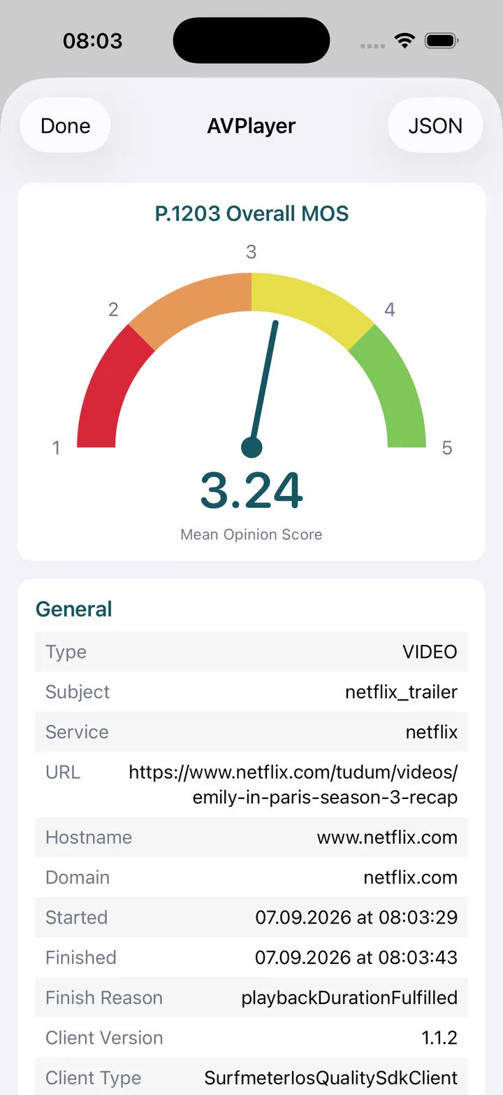 Netflix quality test results in the Surfmeter iOS demo app