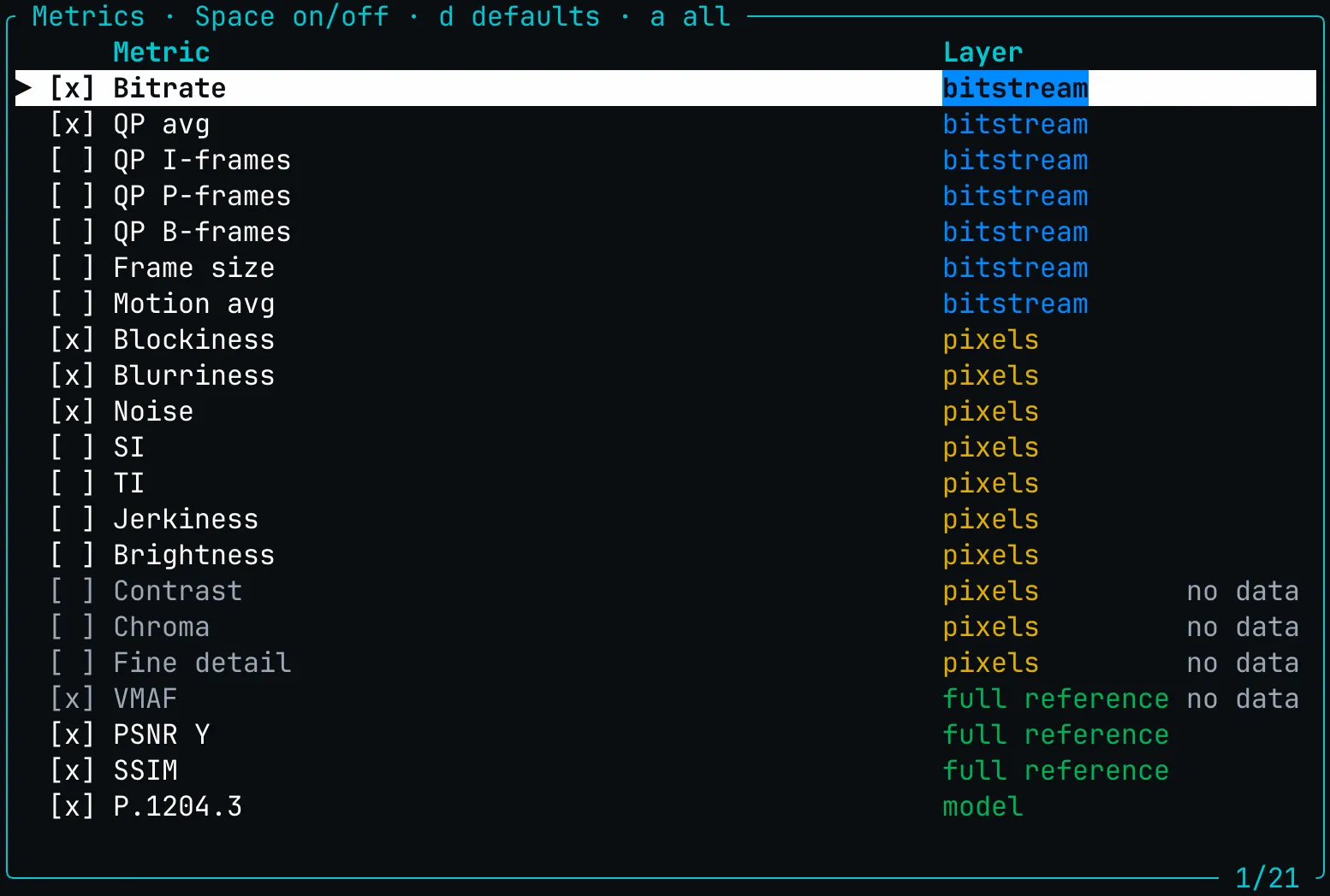 Terminal UI metric picker listing bitstream, pixel, full-reference and model metrics