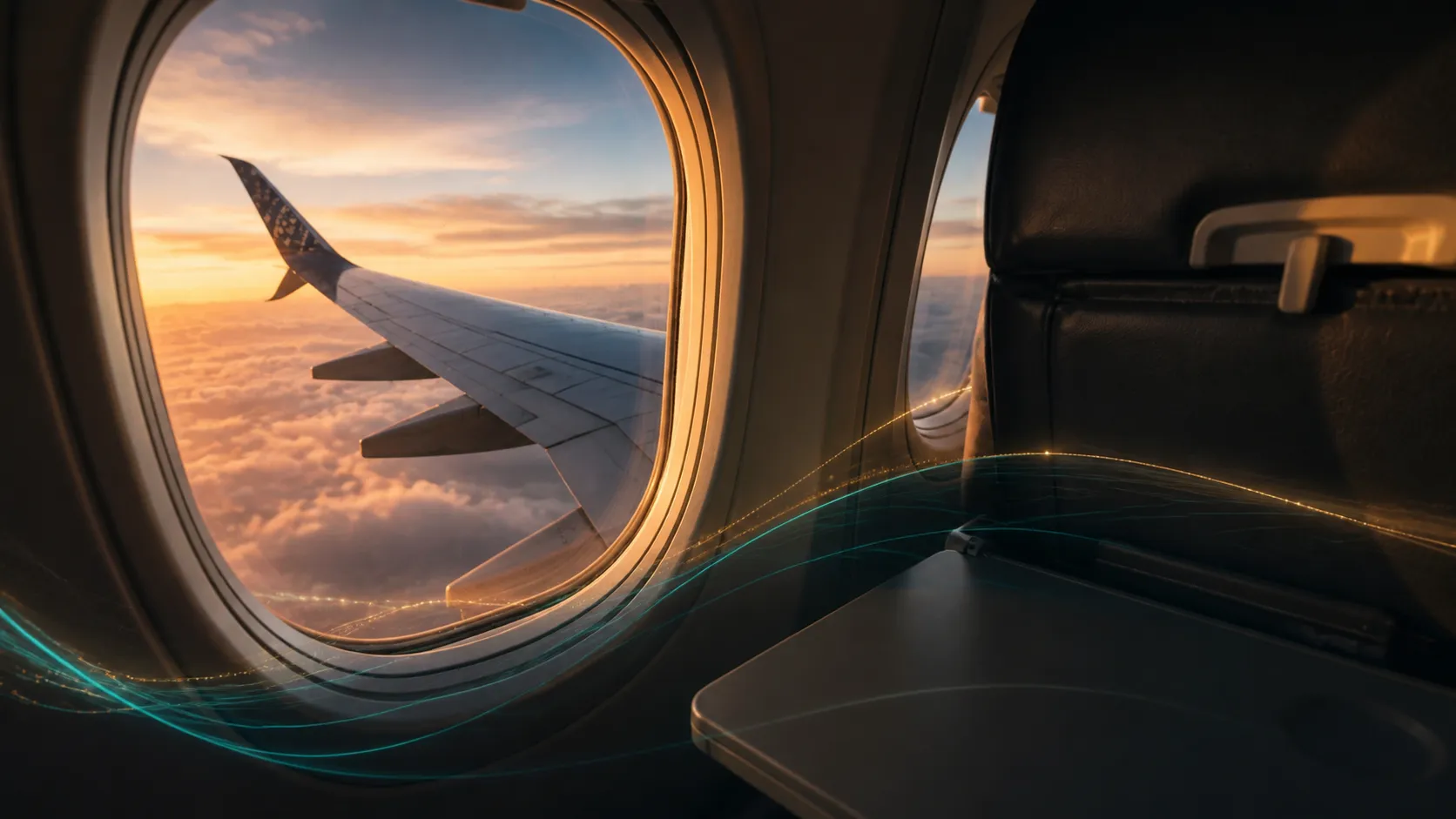 Aircraft cabin view with wing, sunset sky, and subtle connectivity wave accents.