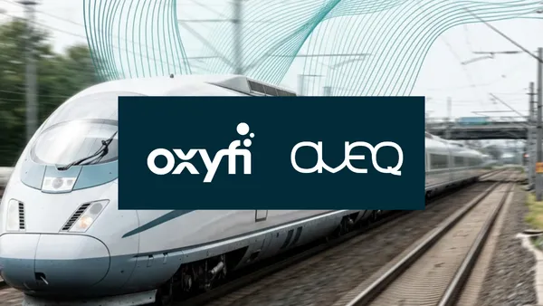 Oxyfi and AVEQ logos over a high-speed passenger train