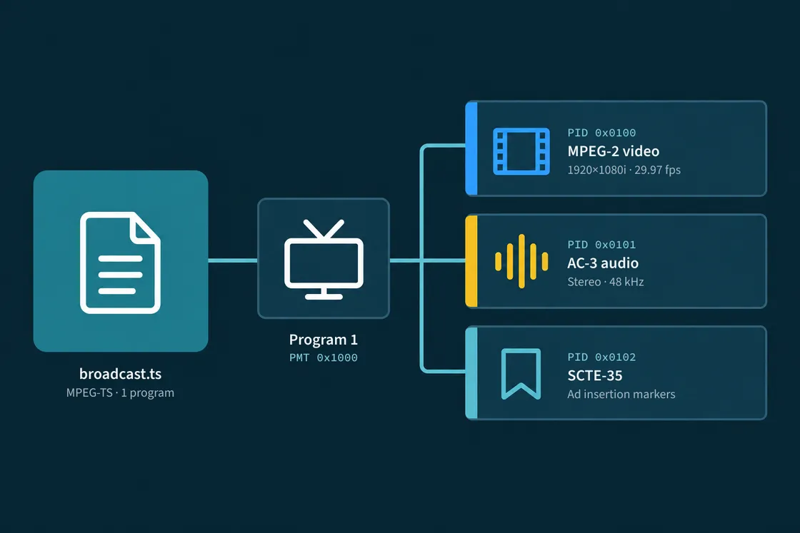 Diagram of a transport stream with one program and its video, audio and SCTE-35 PIDs