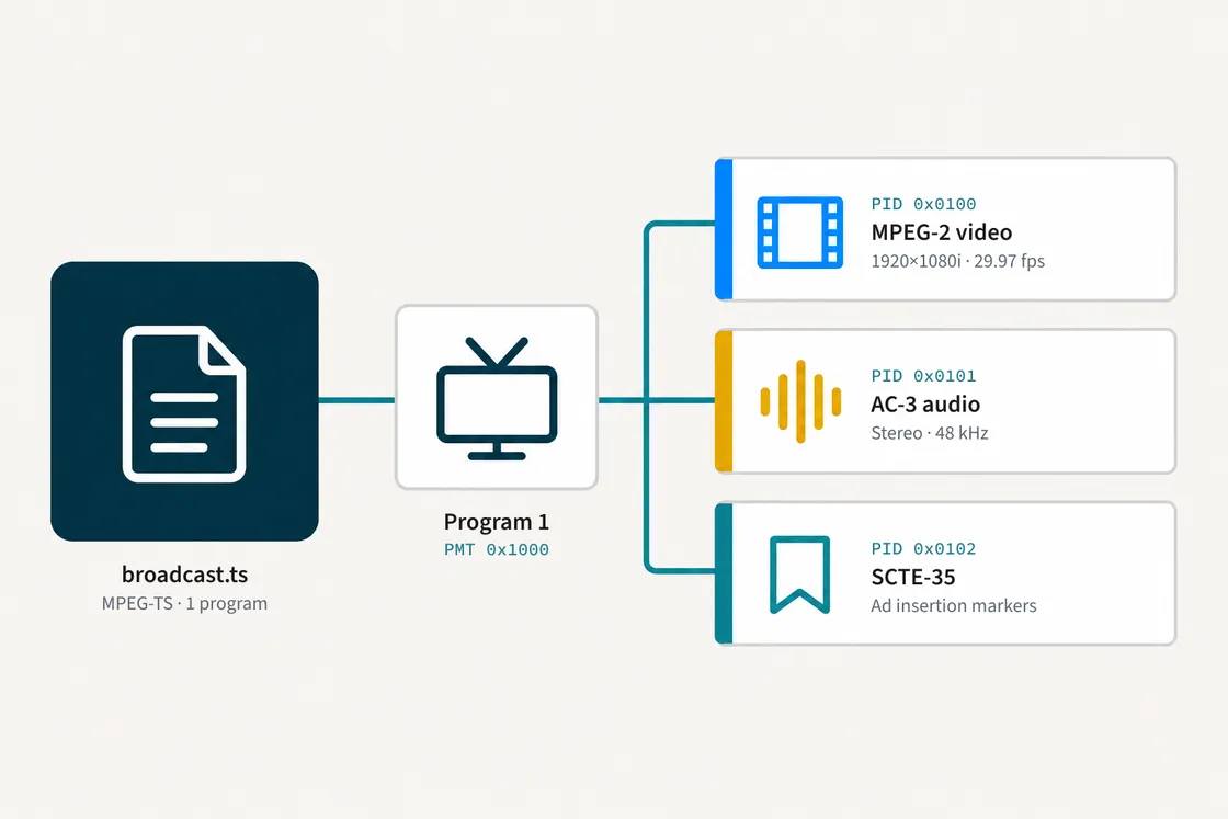 Diagram of a transport stream with one program and its video, audio and SCTE-35 PIDs