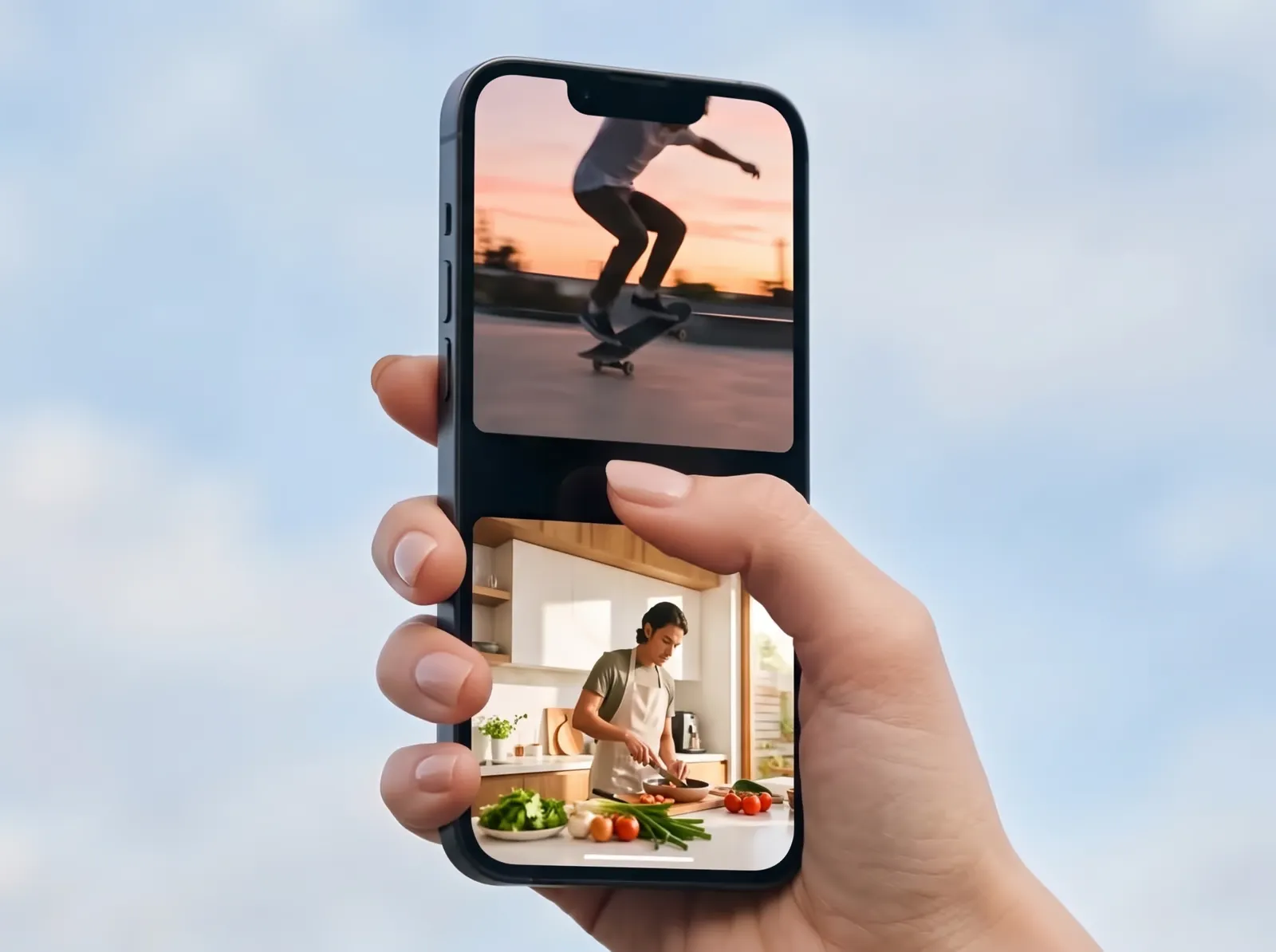 Hand holding a phone and swiping from one short-form video to the next