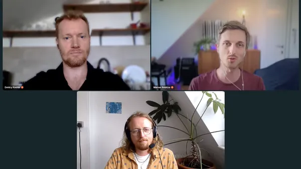 Screenshot of the live "Streaming Under Pressure" webinar with Dmitry Kashin (Gcore), Werner Robitza (AVEQ), and Tommy Flanagan (Faultline)